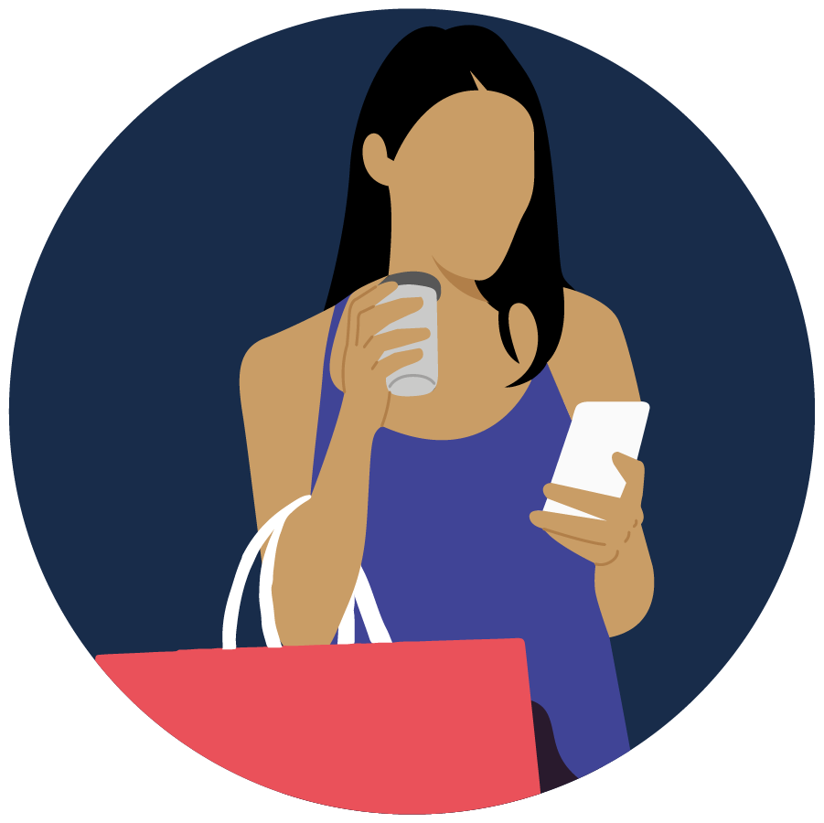 eCommerce image of a girl holding a phone and coffee whilst shopping